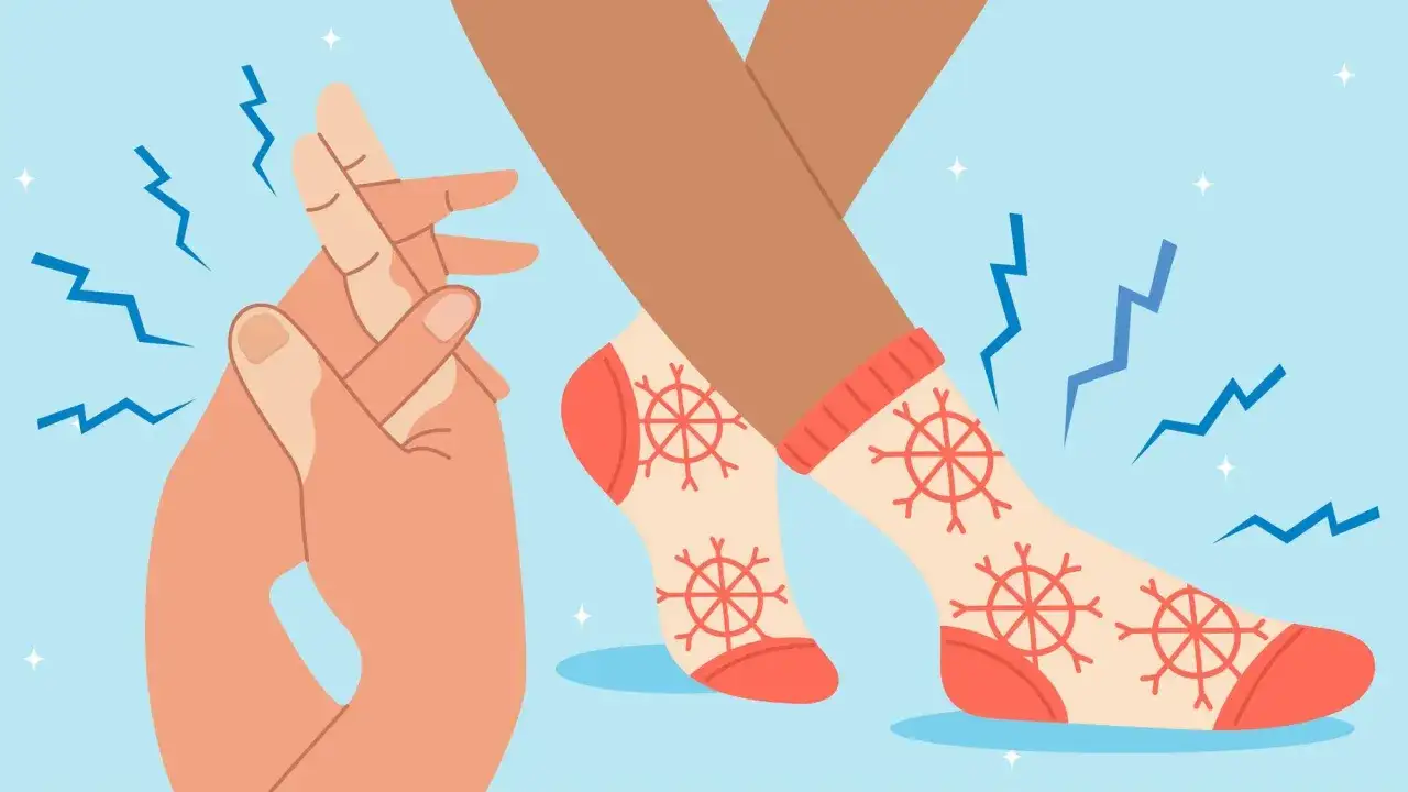 H&auml;nde reiben sich, um sich aufzuw&auml;rmen, w&auml;hrend F&uuml;&szlig;e in Schneeflocken-Socken **stark frieren**. Blaue Blitzsymbole deuten auf K&auml;lte hin.