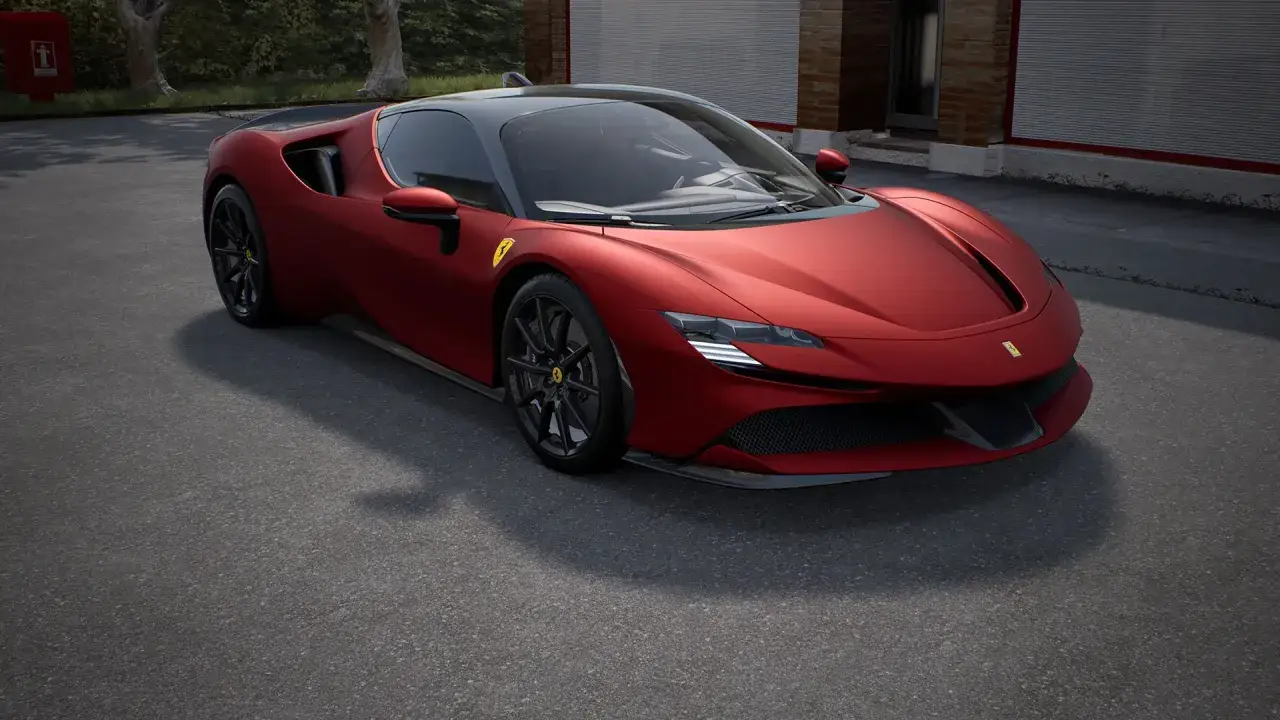 Ferrari SF90 Stradale in un profondo rosso, un colore iconico che evoca la passione e la velocit&agrave;. Il suo design aerodinamico cattura lo sguardo, pronto a sfrecciare.