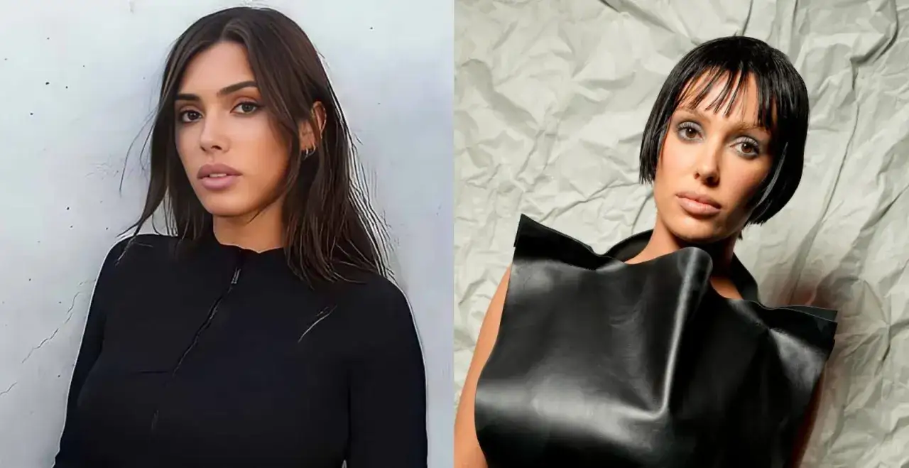 Bianca Censori i hennes unika stil, med en mjuk look till v&auml;nster och en dramatisk svart outfit till h&ouml;ger.