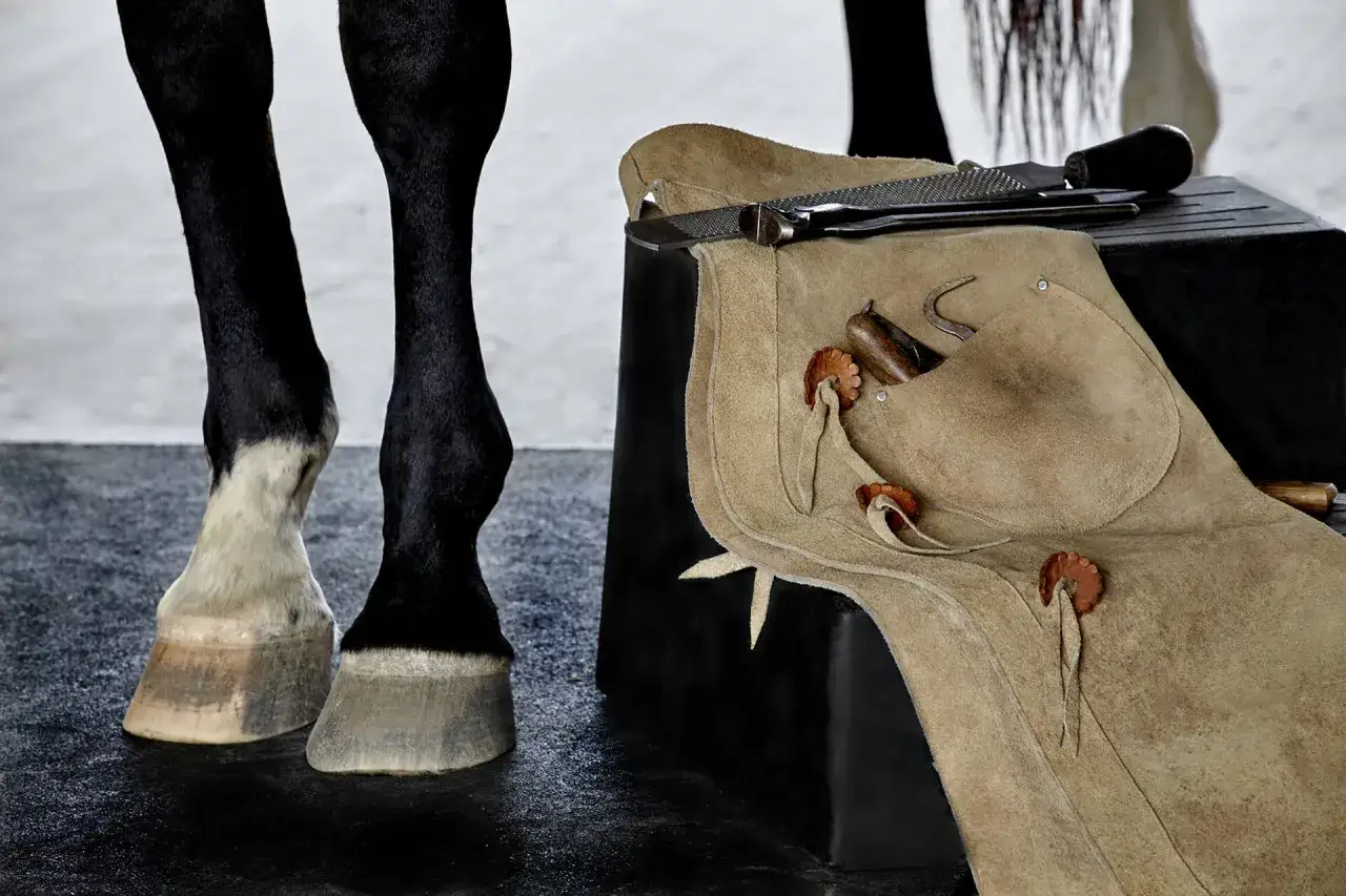 Pieds d'un cheval noir près d'un tablier de maréchal-ferrant avec des outils et un fer à cheval.