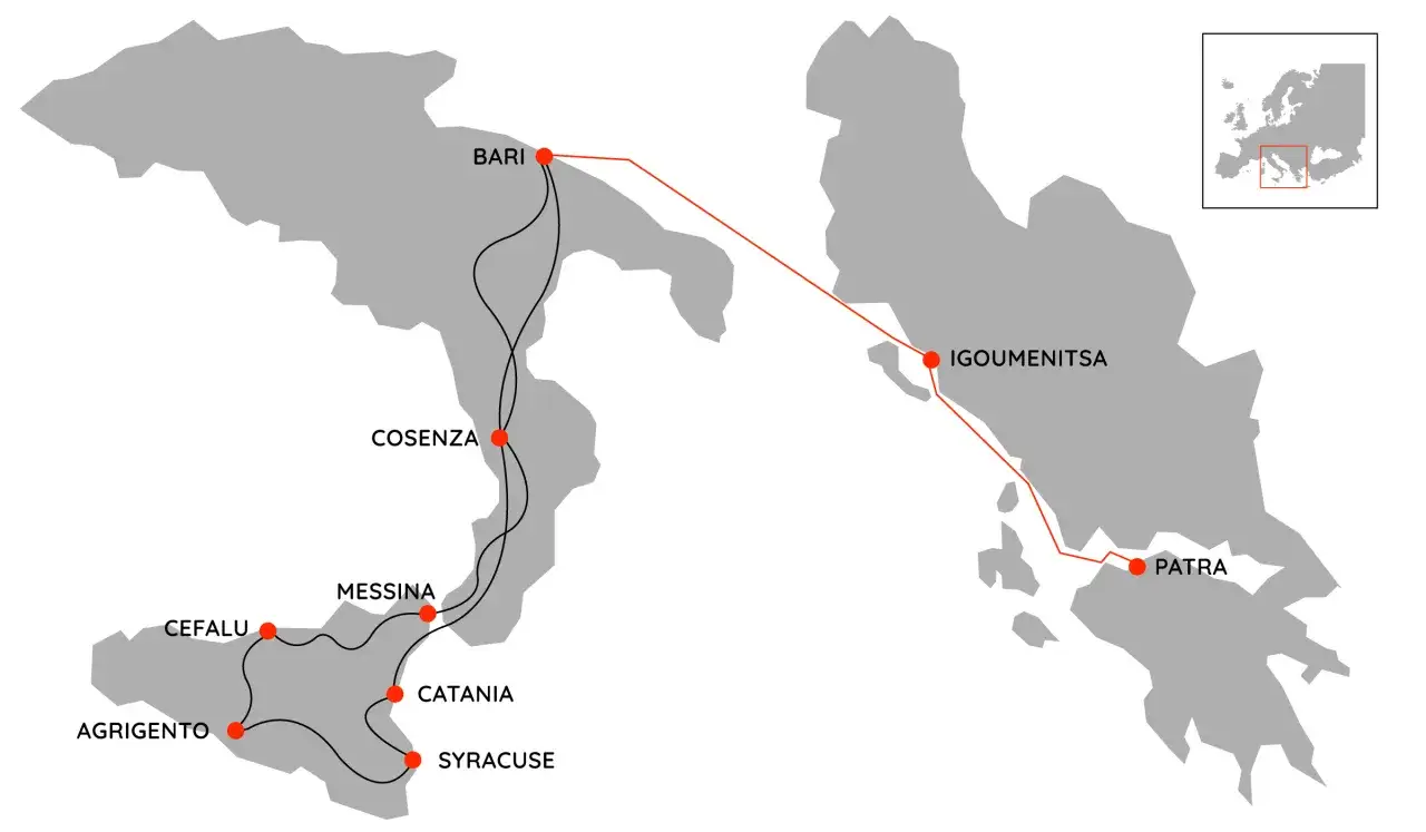 Mapa tras promowych z Włoch (Bari, Cosenza) do Grecji (Igoumenitsa, Patra) i na Sycylię (Messyna, Katania, Syrakuzy, Cefalu, Agrigento).