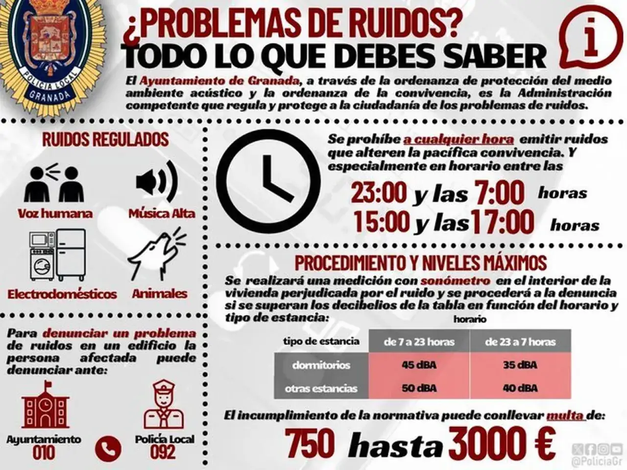 Infograf&iacute;a sobre problemas de ruidos en Granada. Detalla los decibelios permitidos seg&uacute;n la hora y estancia, y las multas por incumplimiento.