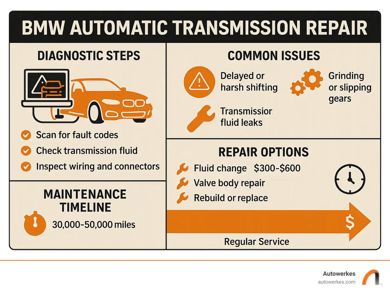 Guía de reparación de caja de transmisión BMW: pasos de diagnóstico, problemas comunes, opciones de reparación y mantenimiento.