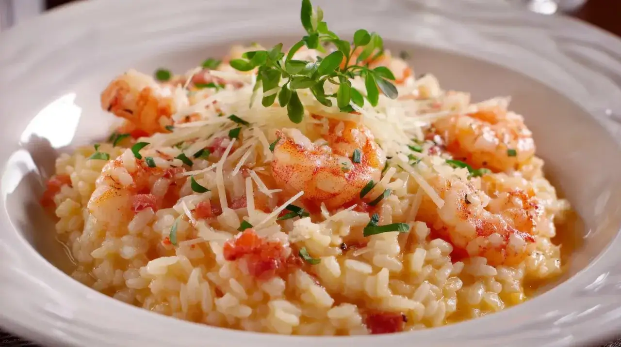 Un cr&eacute;meux risotto crevettes, garni de parmesan r&acirc;p&eacute; et d'herbes fra&icirc;ches, pr&ecirc;t &agrave; &ecirc;tre d&eacute;gust&eacute;.