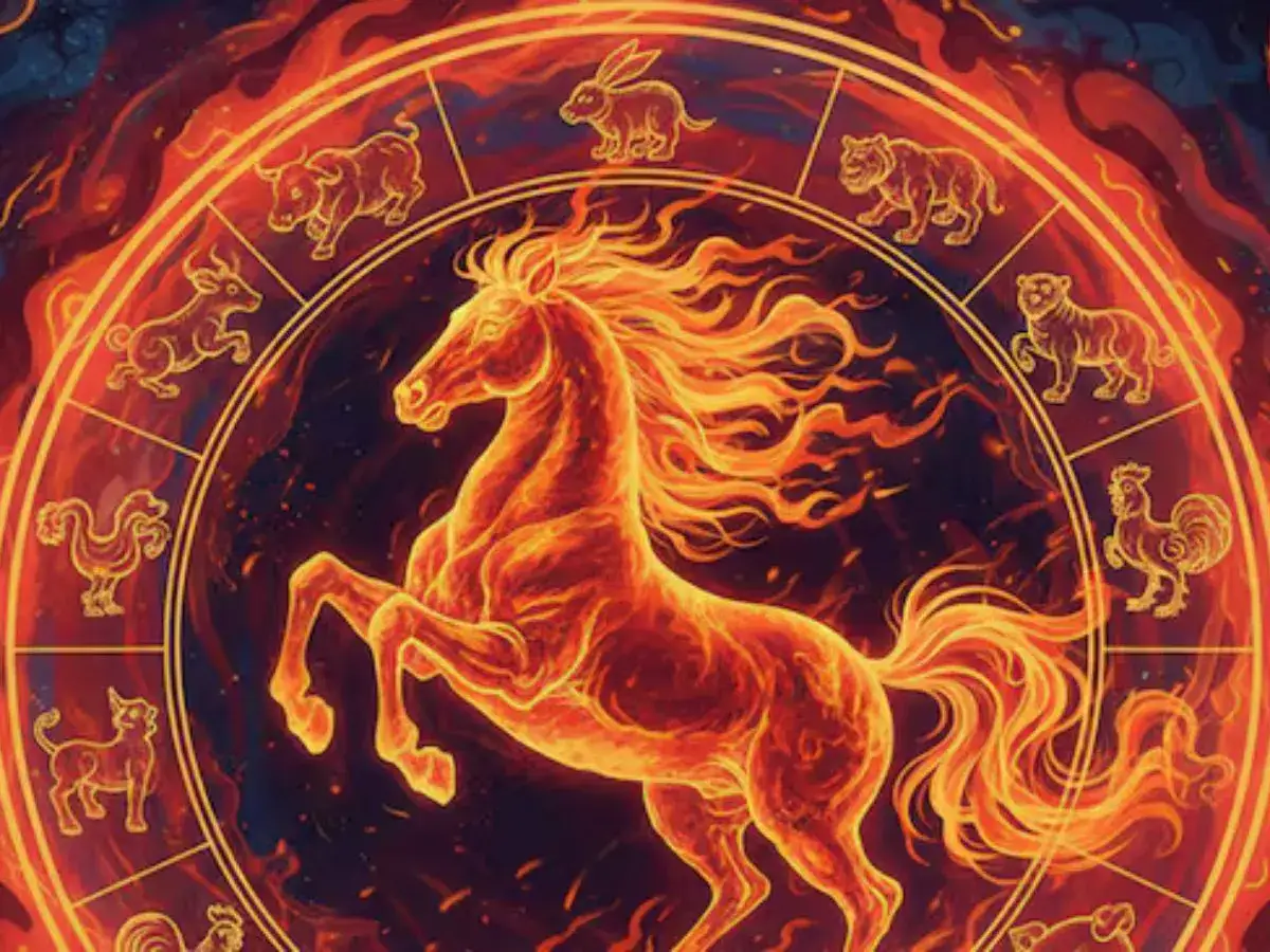 Caballo de fuego en el centro de la rueda zodiacal china, anunciando el horóscopo chino 2026.