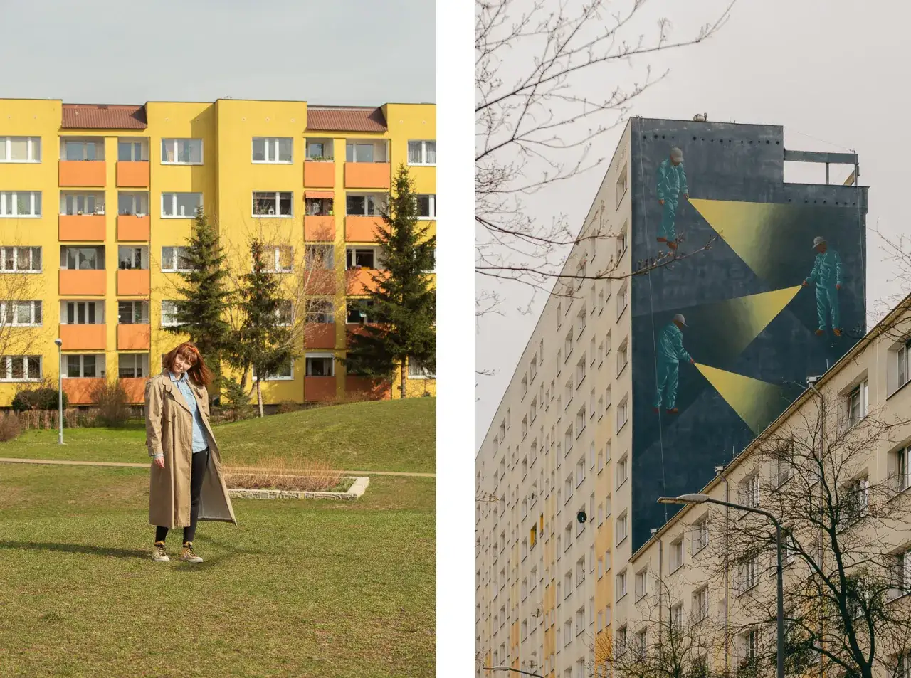 Nietypowe atrakcje Gdańsk: mural z latarnikami na bloku i kobieta na tle żółtego apartamentowca.