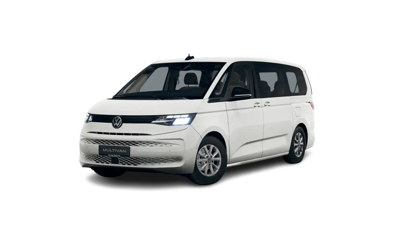 Biały volkswagen van Multivan z nowoczesnymi światłami LED i chromowanymi detalami, gotowy na rodzinną podróż.
