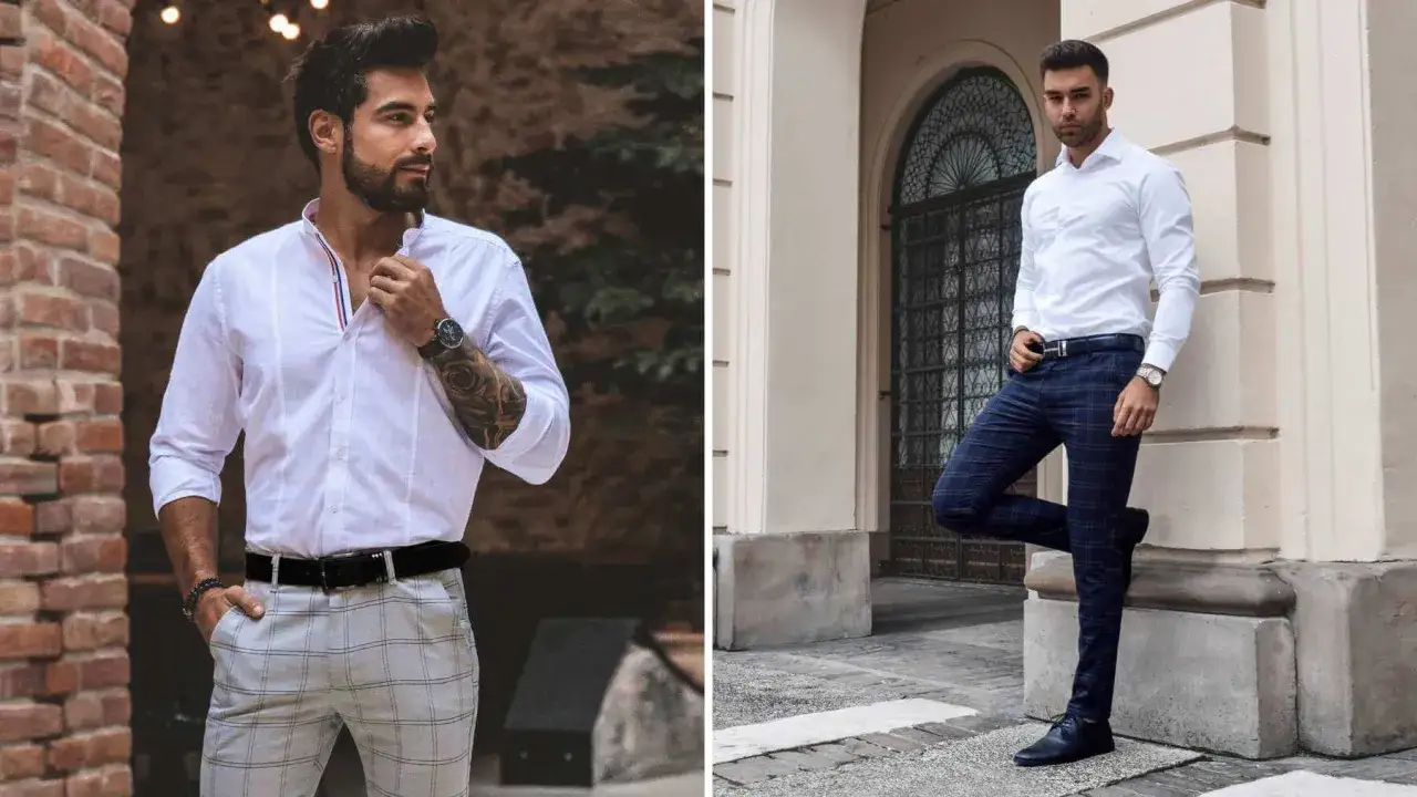 Eleganckie chinosy na wesele. Mężczyzna w białej koszuli i stylowych spodniach w kratę.