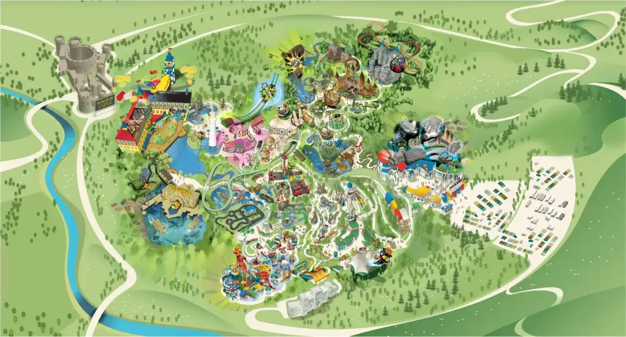 Mapa pokazuje, gdzie jest Legoland, z zamkiem Windsor, kolejkami g&oacute;rskimi, wodnymi atrakcjami i mn&oacute;stwem klock&oacute;w LEGO.