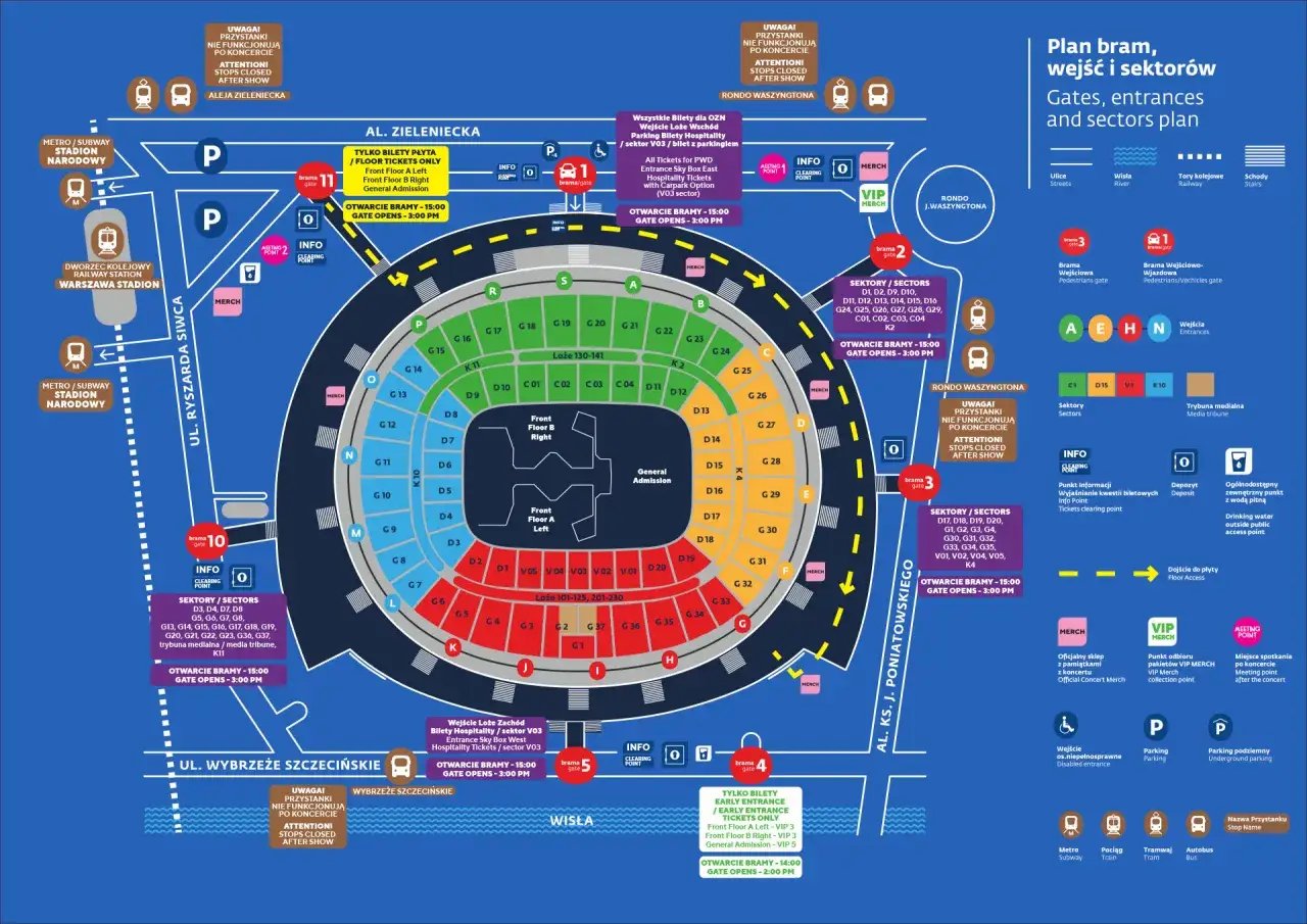Plan stadionu w Warszawie na koncert Taylor Swift. Pokazuje bramy, sektory, parkingi i punkty informacyjne.