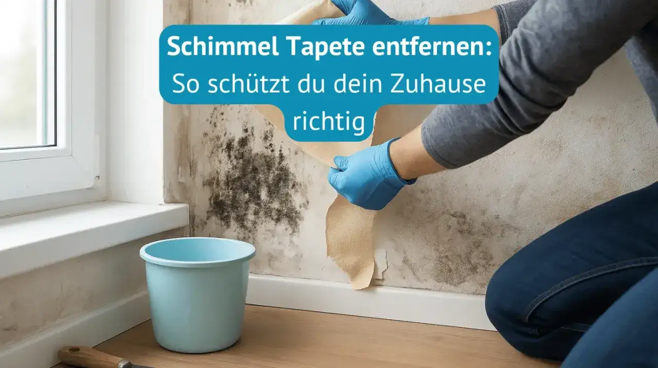 Schimmel Tapete wird entfernt. Blaue Handschuhe sch&uuml;tzen beim Abziehen der befallenen Tapete. Ein Eimer steht bereit.