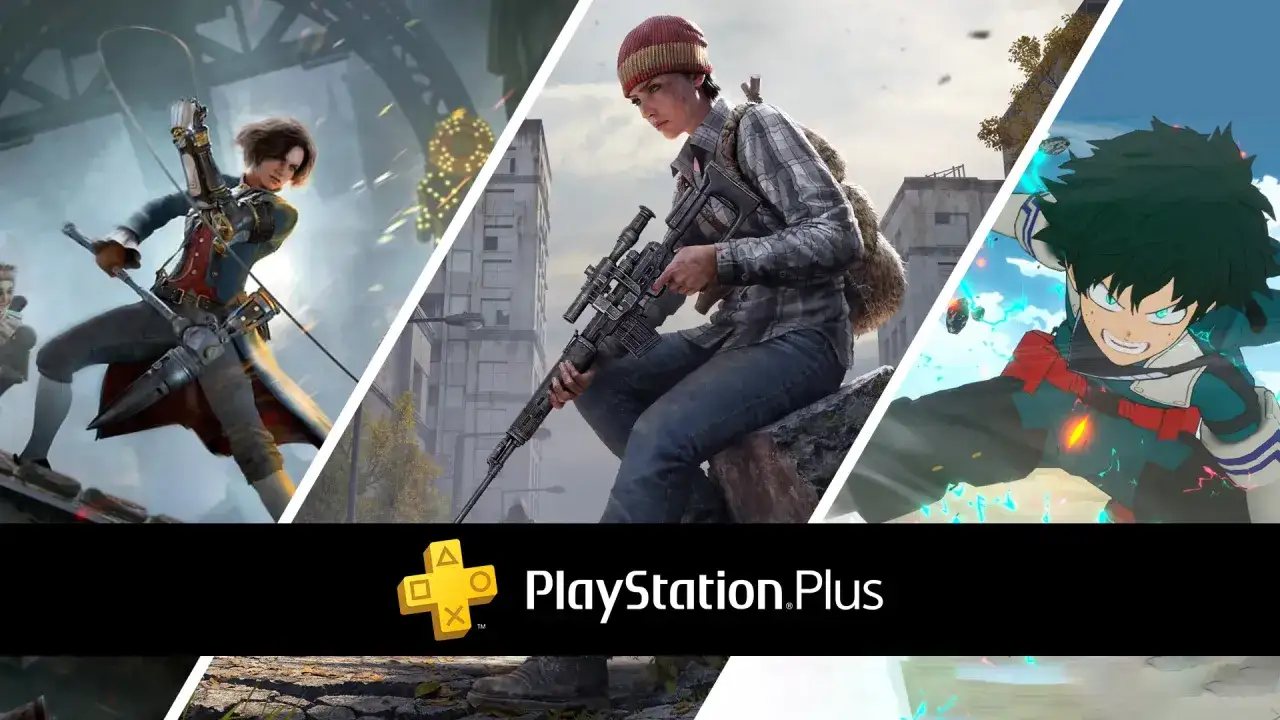Postacie z gier, w tym dziewczyna z łukiem i snajperka, zapowiadają gry dostępne w ramach PS Plus Sierpień.