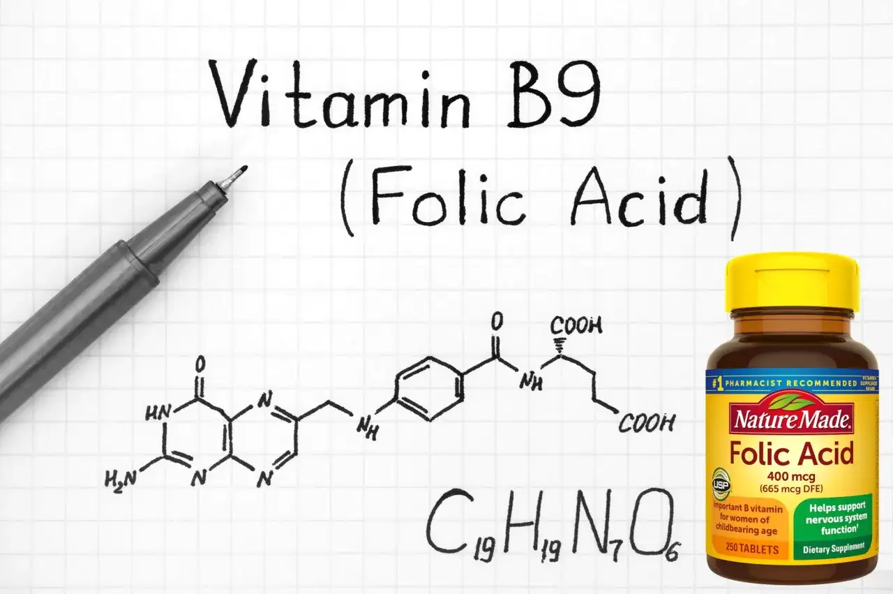 Folic acid svenska: Vitamin B9-molekyl och en burk Nature Made Folic Acid-tillskott. Viktigt f&ouml;r kvinnor i fertil &aring;lder.