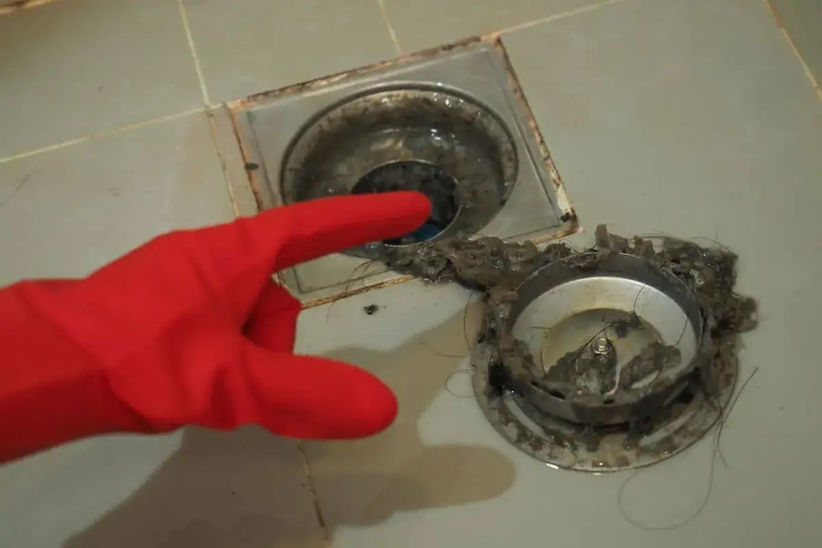 Main rouge pour le d&eacute;bouchage d'une canalisation obstru&eacute;e par des cheveux et des d&eacute;bris.