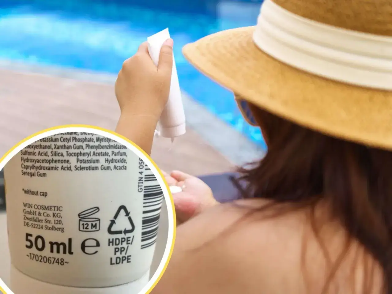 Sonnencreme-Haltbarkeit: Das Symbol zeigt 12 Monate nach dem &Ouml;ffnen an. Eine Hand h&auml;lt die Tube am Pool.