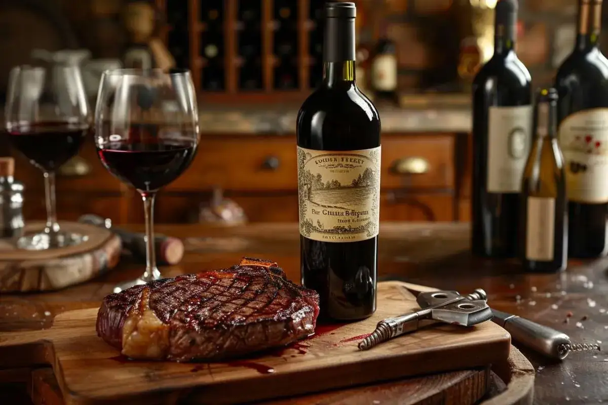 Un succulent entrecôte grillé, prêt à être dégusté avec un verre de vin rouge. Une bouteille de vin et des tire-bouchons anciens complètent cette scène gourmande.