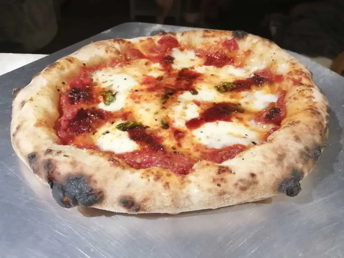 En napolitansk pizza med klassisk napolitansk pizza topping av tomats&aring;s, mozzarella och basilika.