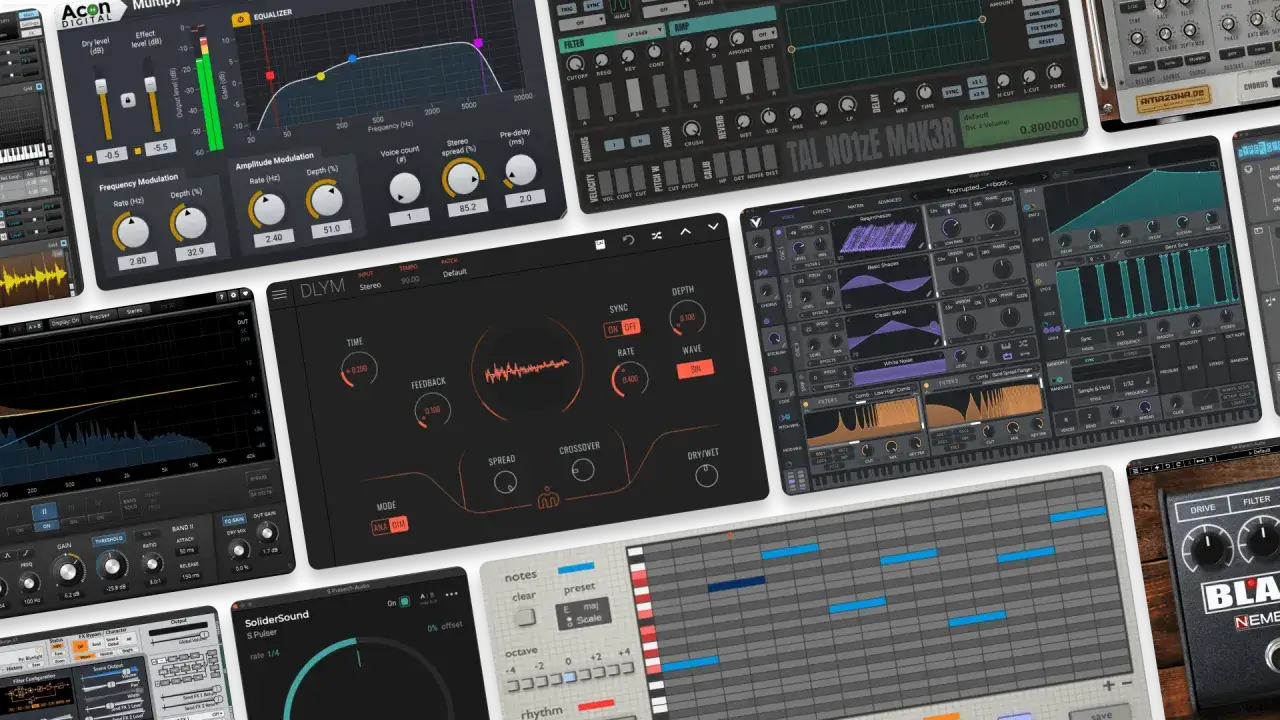 Viele Musik-Plugins und Software-Synthesizer, die kostenlose VSTs anbieten, sind auf dem Bildschirm zu sehen.