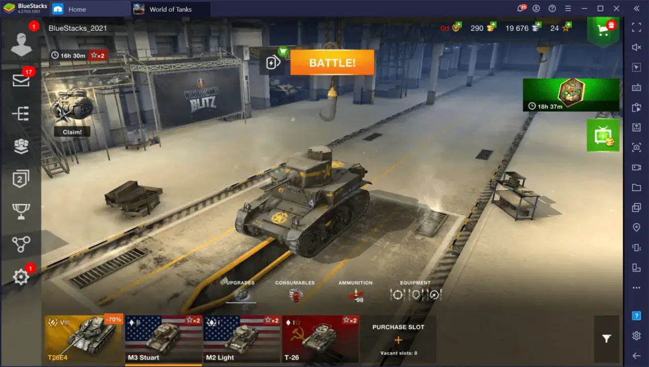 Główny ekran gry World of Tanks Blitz. Widoczny czołg, przycisk