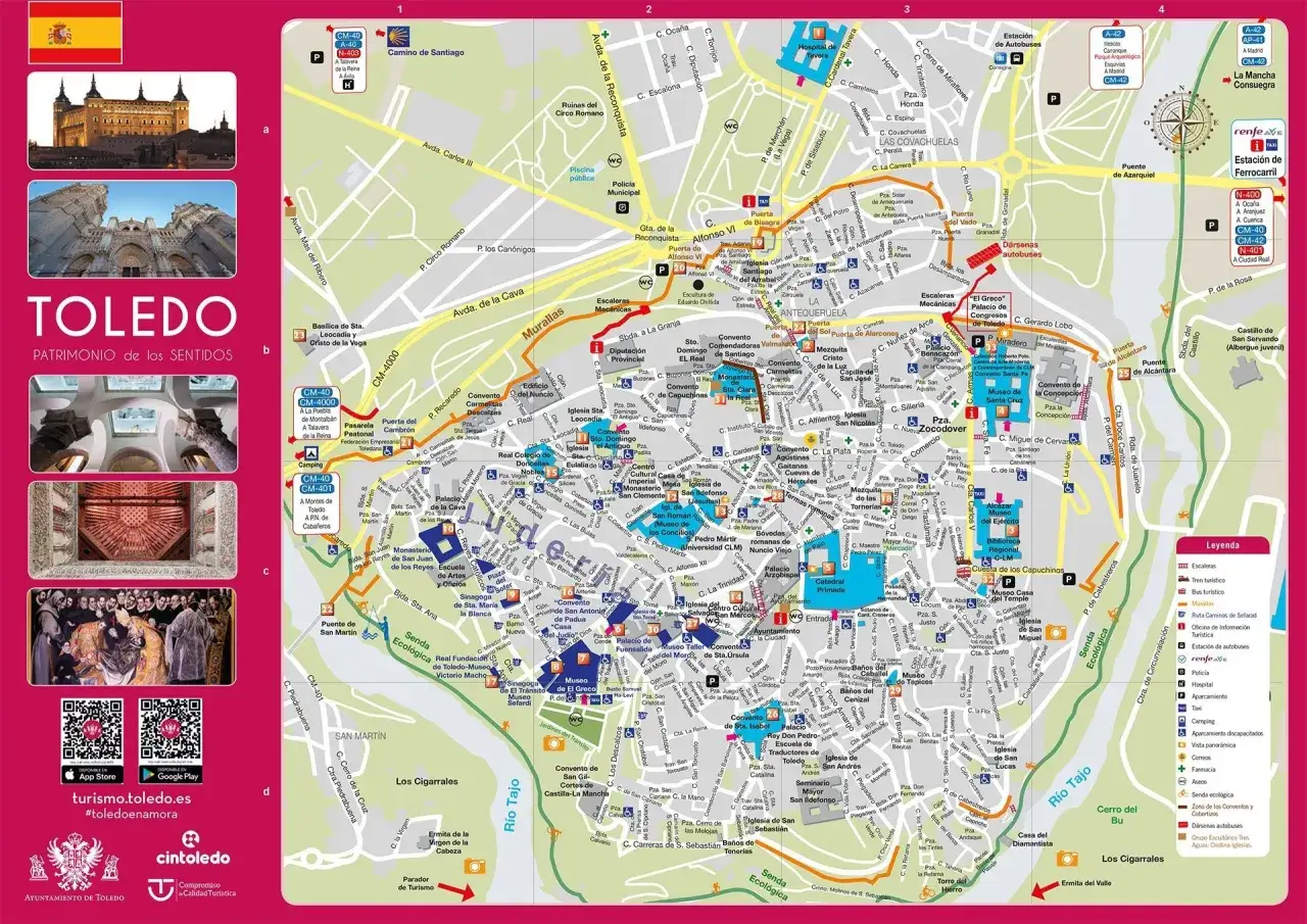 Mapa tur&iacute;stico de Toledo, ideal para planificar qu&eacute; ver en Toledo en un d&iacute;a. Muestra monumentos, calles y puntos de inter&eacute;s.