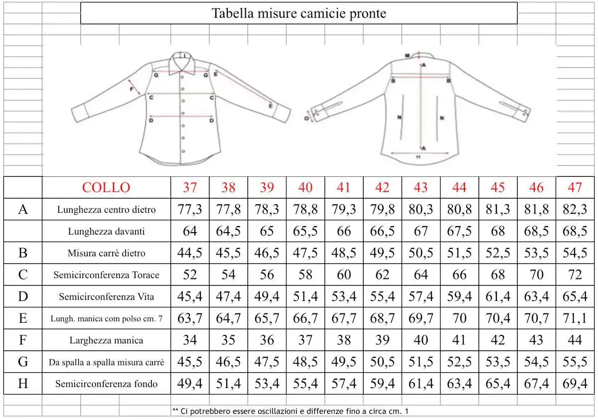 Tabella misure camicie: taglia 18 corrisponde a collo 43, lunghezza centro dietro 80,3 cm, manica 69,7 cm.