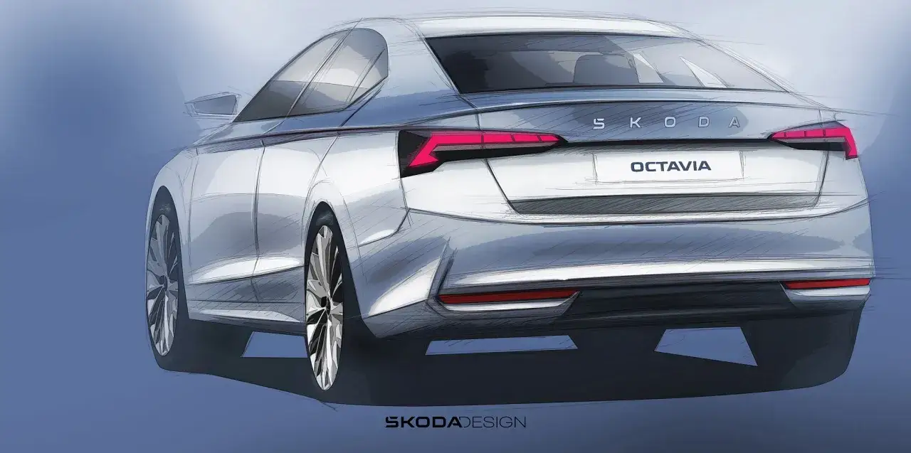 Szkic tylnej części samochodu Skoda Octavia 4 z charakterystycznymi światłami LED i napisem 