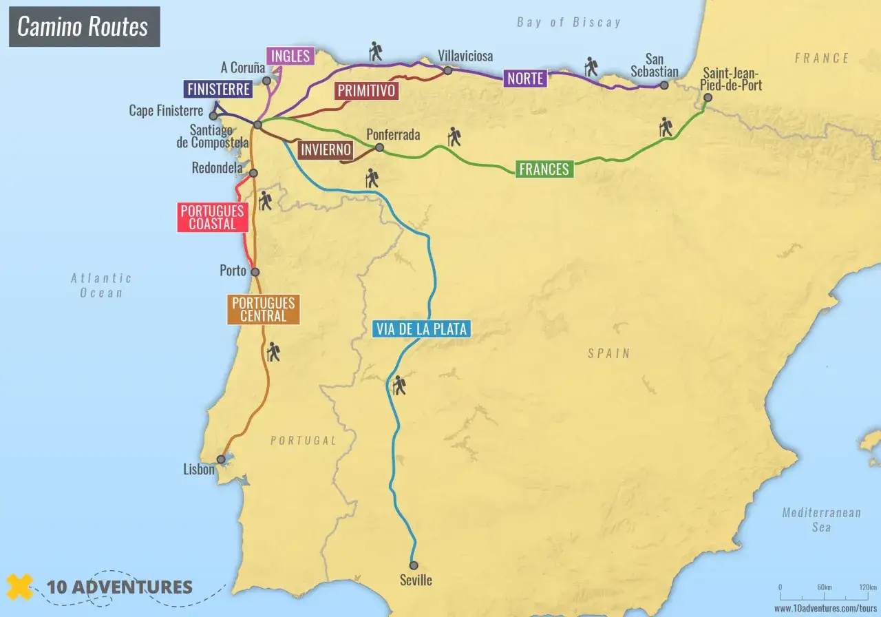 Karta över olika vandringsleder för el camino de Santiago i Spanien och Portugal. Flera rutter visas, inklusive Frances, Norte och Via de la Plata.