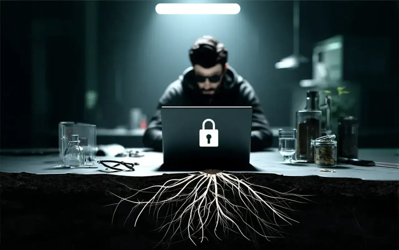 Haker przy laptopie z ikoną kłódki, pod stołem korzenie. Czy to rootkit?