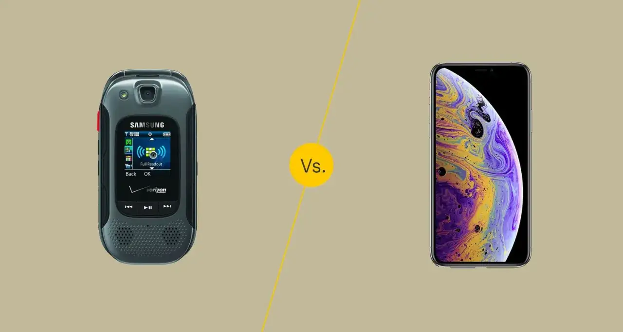 Por&oacute;wnanie r&oacute;żnych rodzaj&oacute;w telefon&oacute;w: klasyczny Samsung z klapką kontra nowoczesny iPhone.