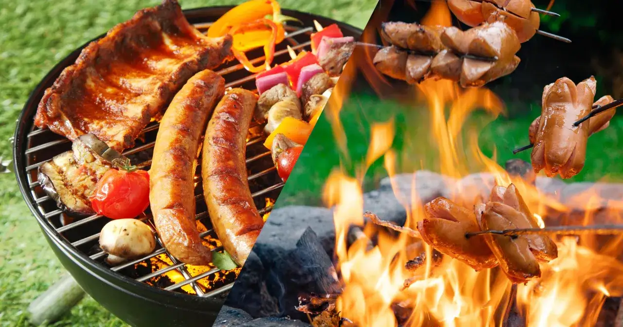 Żeberka, kiełbaski i warzywa na grillu, a obok smakowite kiełbaski pieczone nad ogniem. Idealne co na grilla!