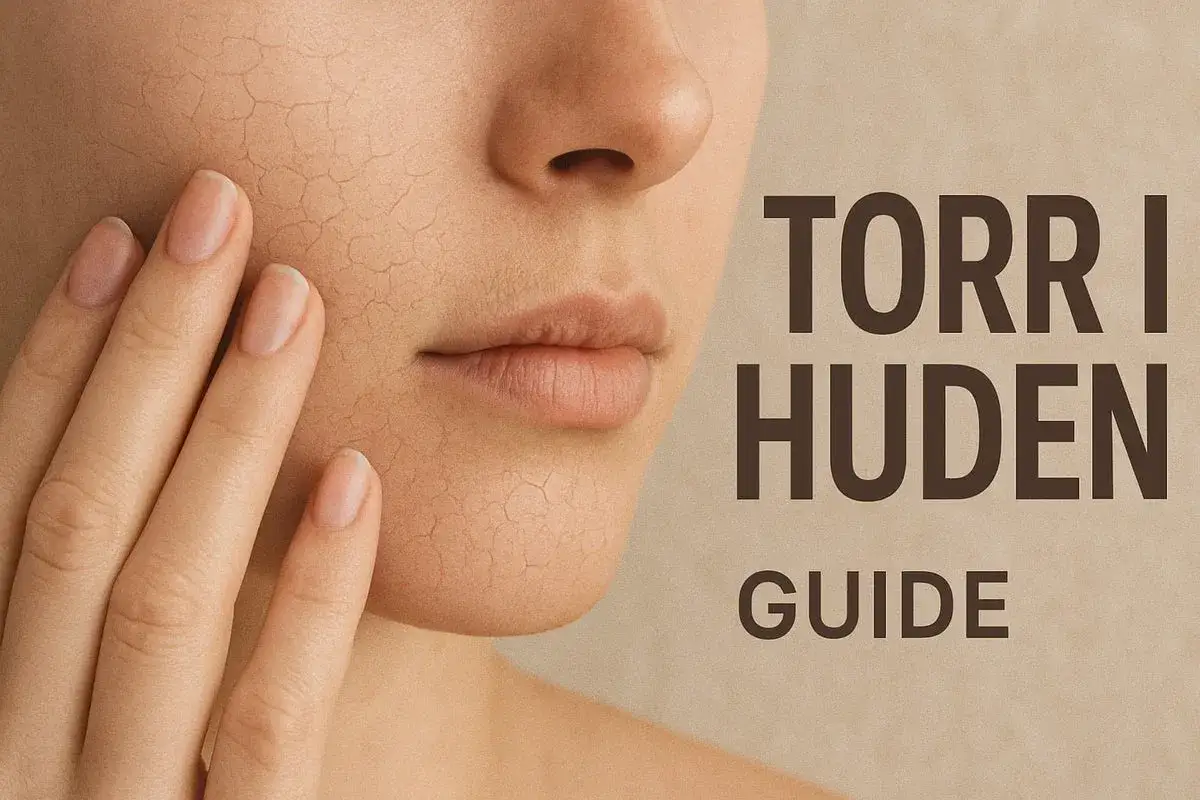 Nära bild på ett ansikte med torr hud som spricker. En hand rör vid kinden. Text: TORR HUDEN GUIDE.