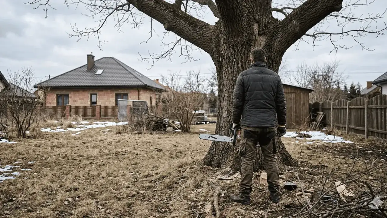Mężczyzna z piłą łańcuchową Stihl przy potężnym drzewie, przygotowuje się do jego wycięcia. Podanie o wycięcie drzewa zagrażającego jest w toku.