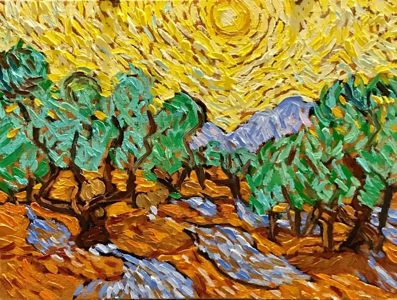 A vibrant Van Gogh painting depicts an olive grove under a swirling yellow sun, with blue mountains in the distance.