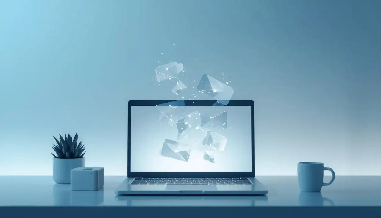 Laptop z ekranem wyświetlającym abstrakcyjne, geometryczne koperty, symbolizujące efektywny email marketing. Obok kubek i roślina.