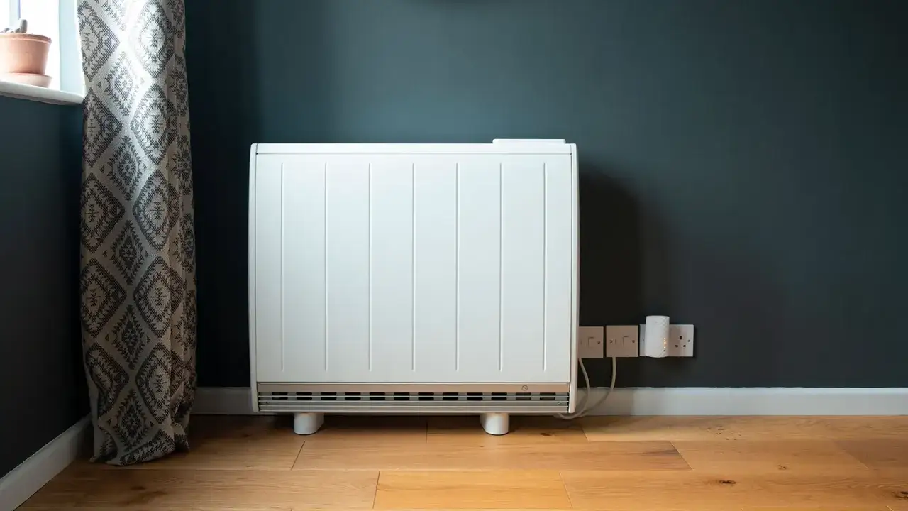 Un radiateur blanc, moderne et &eacute;l&eacute;gant, est branch&eacute; sur des prises murales. Il s'agit d'un exemple de radiateurs basse consommation, parfait pour chauffer votre int&eacute;rieur.