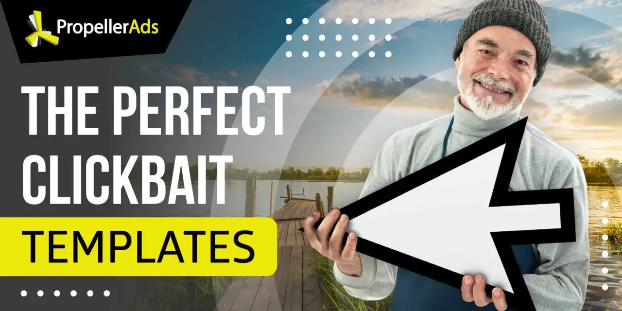 Hombre sonriente sostiene un cursor gigante, promocionando plantillas de clickbait significado.
