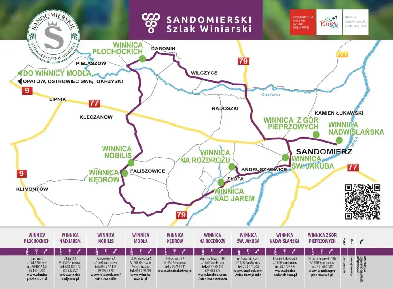 Mapa Sandomierskiego Szlaku Winiarskiego. Atrakcje 100 km od Sandomierza to winnice, np. Winnica Płochockich, Winnica Nad Jarem, Winnica Modła.