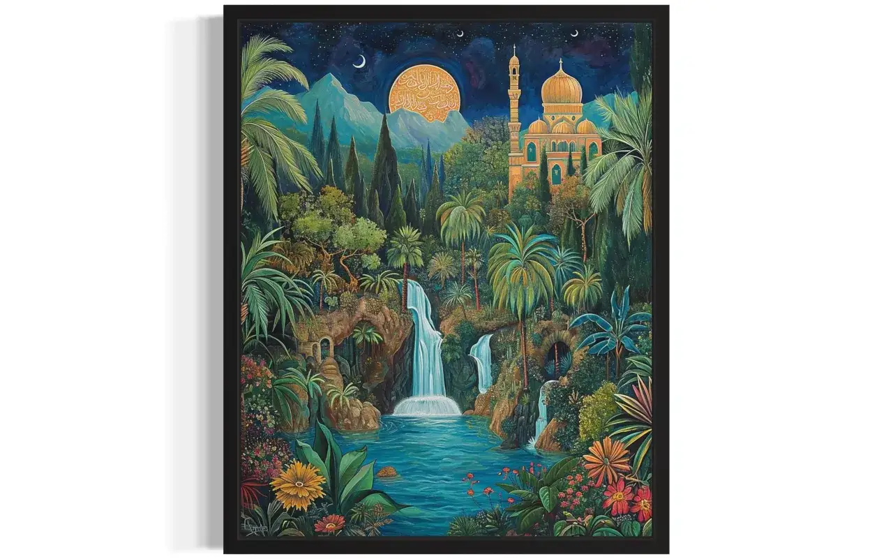 Ein &uuml;ppiger Garten mit Wasserf&auml;llen, Palmen und einer Moschee unter dem Mond. Die Szene erinnert an die friedliche Botschaft von Yasin Suresi 58 Ayet.