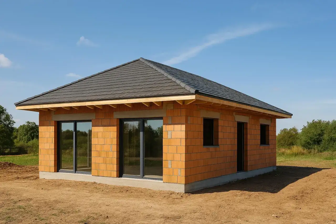 Une petite maison à construire en briques orange, avec un toit sombre et de grandes fenêtres. Le chantier est entouré de verdure.