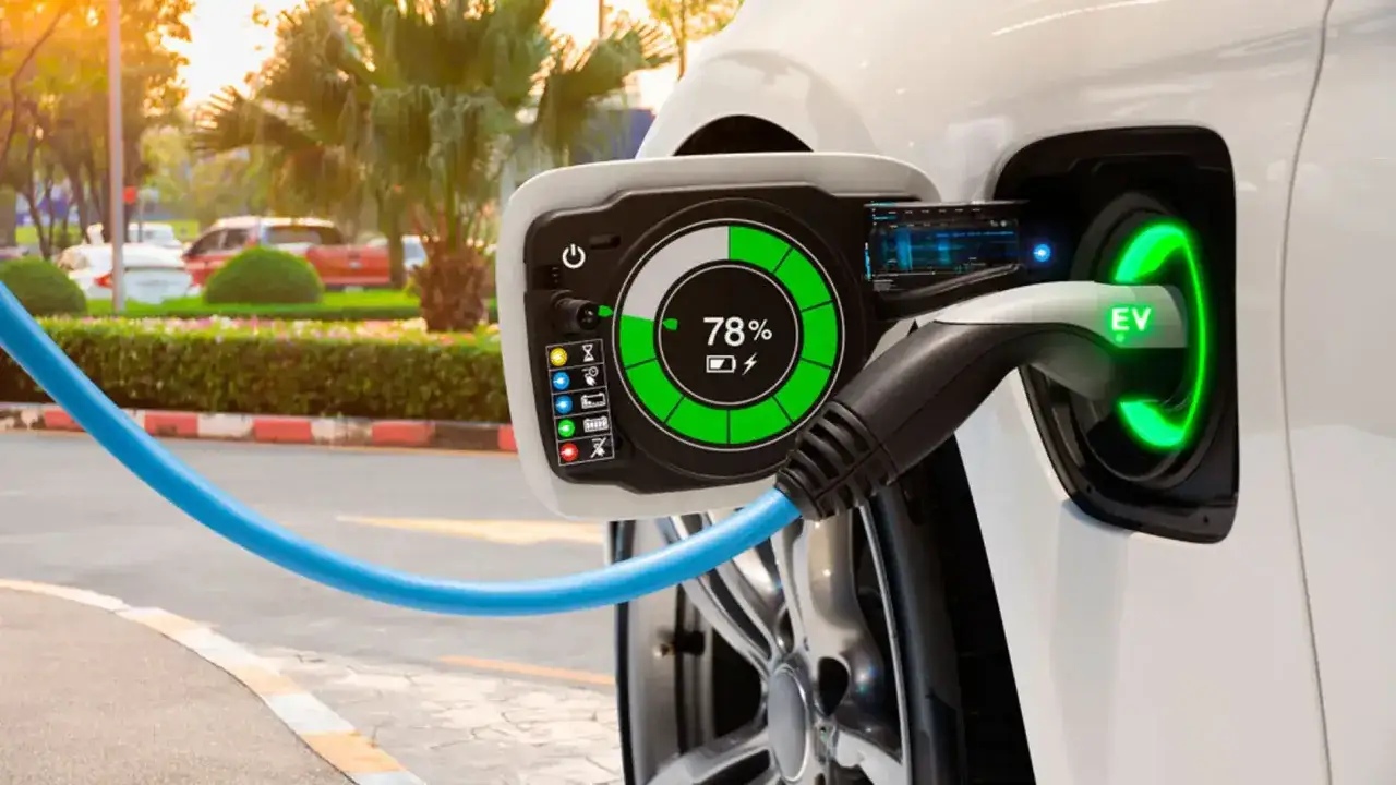 Un veh&iacute;culo el&eacute;ctrico se est&aacute; cargando, mostrando un 78% de bater&iacute;a. El conector verde con 