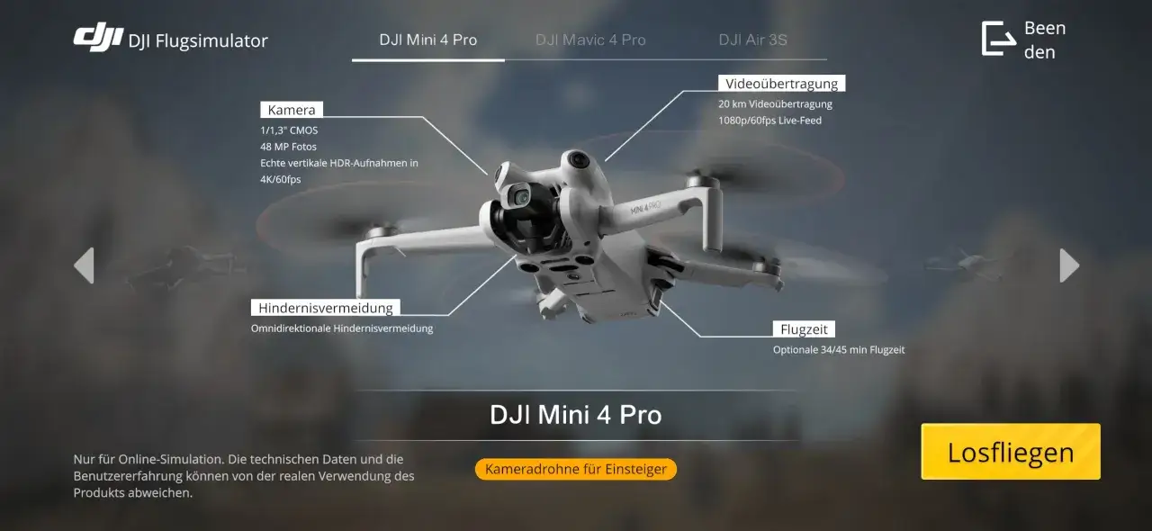 DJI Flugsimulator zeigt die DJI Mini 4 Pro. Lerne sie im Simulator kennen, bevor du abhebst!