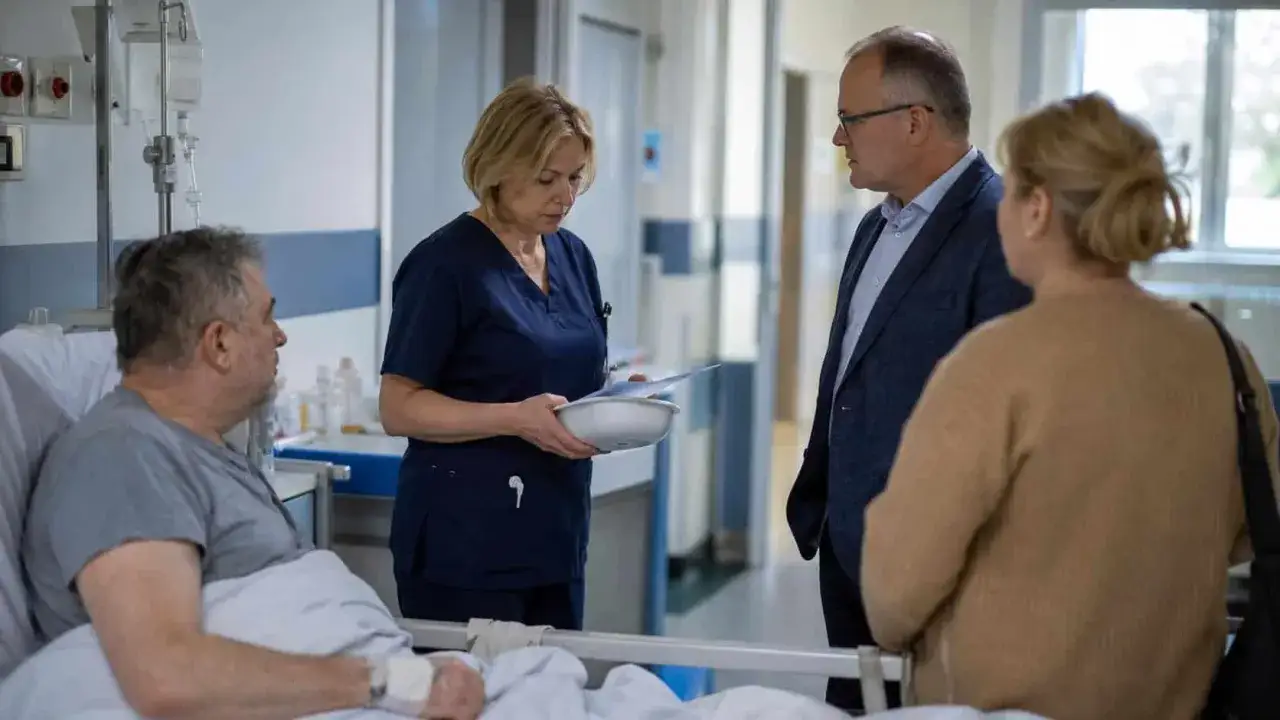 Lekarka omawia z pacjentem i jego rodziną wyniki badań, oceniając jego stan według skali Norton.