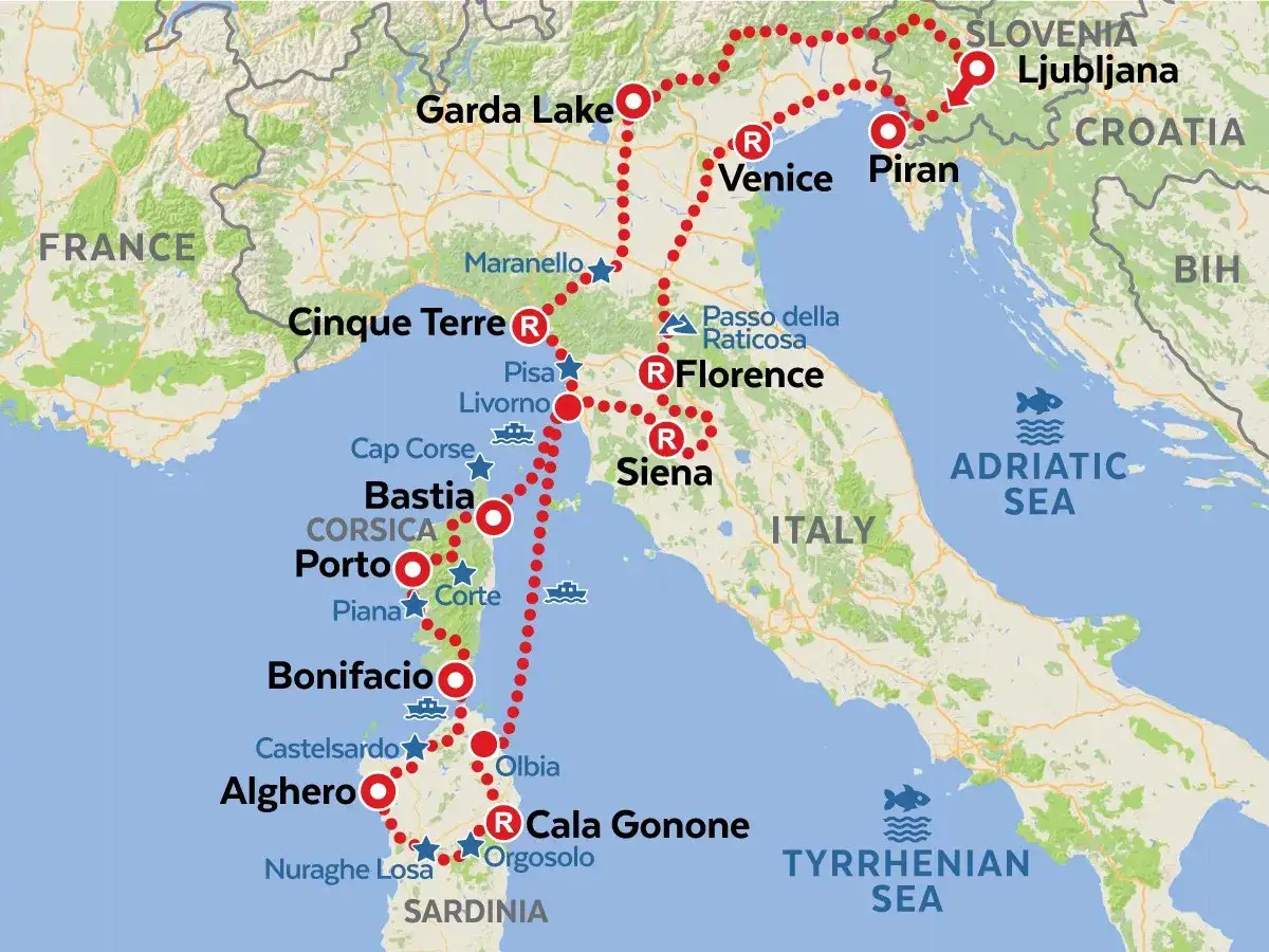 Mapa de ruta por Italia, Córcega y Cerdeña, donde se habla el corso. Incluye Venecia, Florencia, Siena, Cinque Terre, Bastia y Alghero.