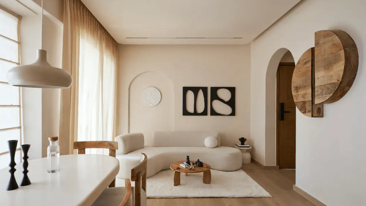 Fotograf&iacute;a minimalista de un sal&oacute;n con sof&aacute; curvo, mesa de centro de madera y arte abstracto en las paredes.