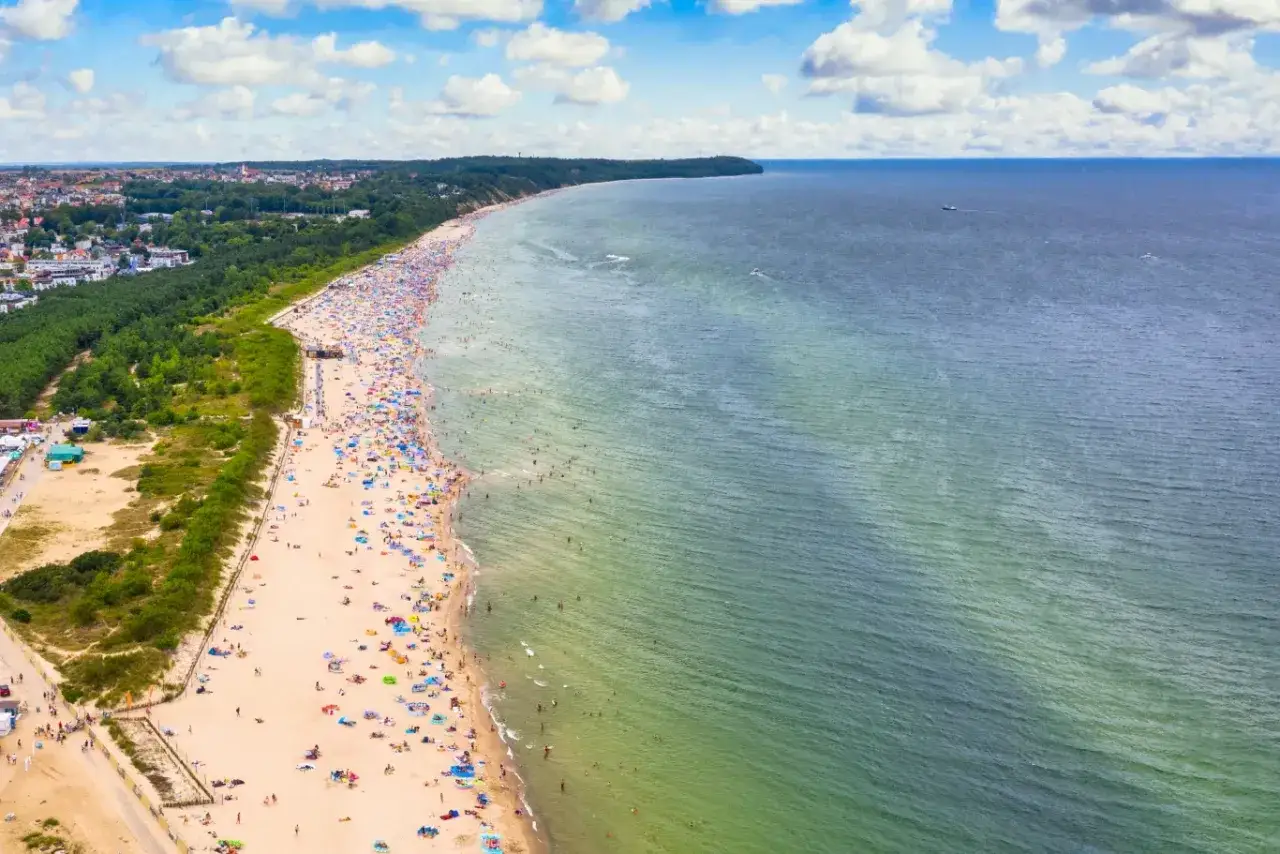 Tłum ludzi wypoczywa na najszerszej plaży w Polsce. Piasek, morze i zielone drzewa tworzą malowniczy krajobraz.