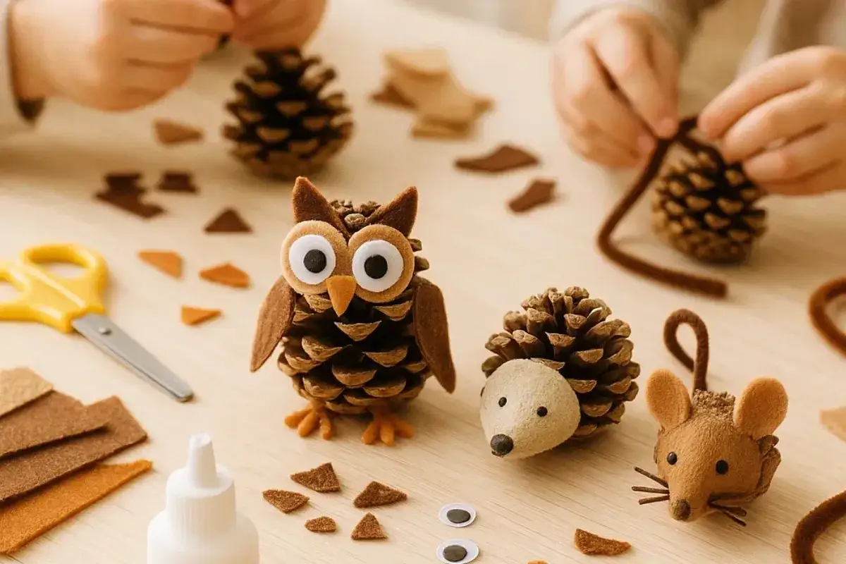 Kinder basteln mit Tannenzapfen: Ein süßer Eulen-, Igel- und Mäuse-Anhänger entsteht. Schere, Filz und Kleber liegen bereit.