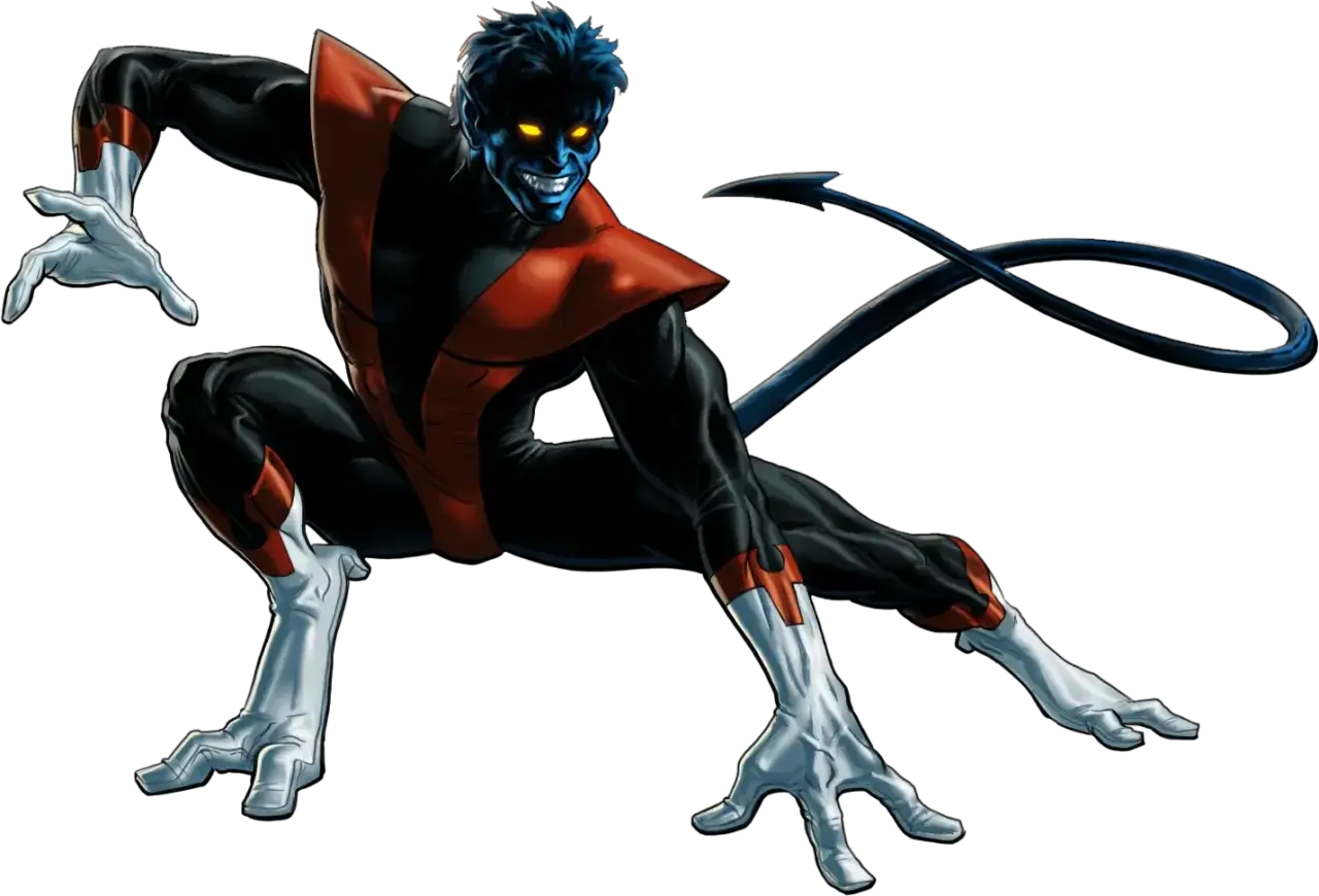 El rondador nocturno, con su piel azul y ojos amarillos brillantes, se agacha listo para la acción. Su cola larga y su traje negro y rojo lo hacen inconfundible.