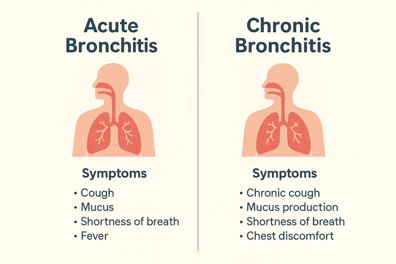 Comparaci&oacute;n de bronquitis aguda y cr&oacute;nica, detallando sus s&iacute;ntomas como tos, mucosidad y dificultad para respirar.