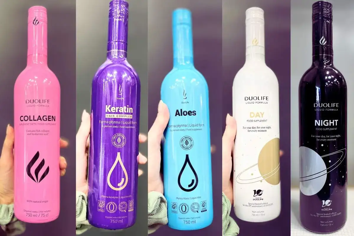 Pięć butelek suplementów DuoLife: Collagen, Keratin, Aloes, Day i Night. Wiele pozytywnych duolife opinie o tych produktach.