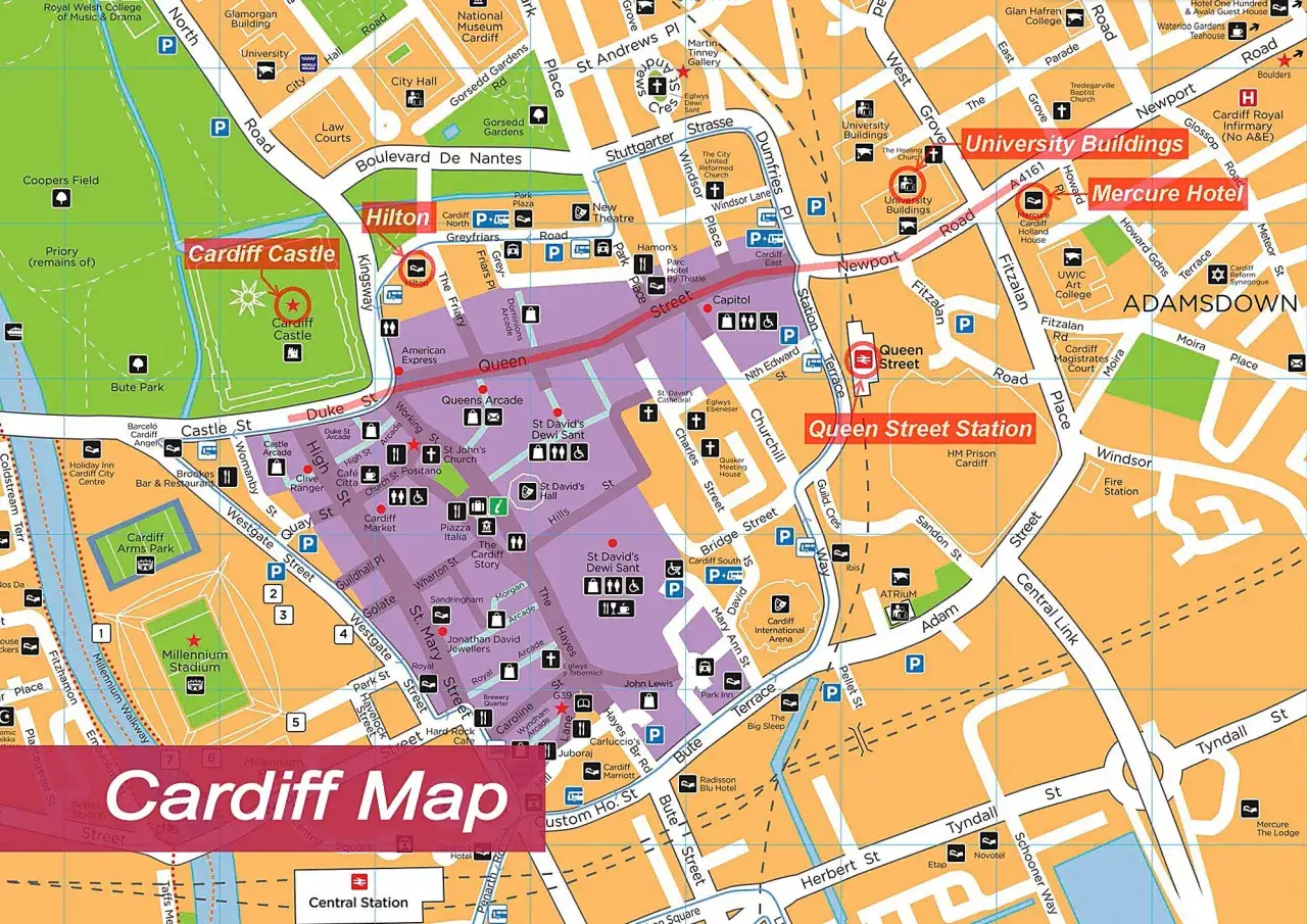 Carte de Cardiff : visitez le château, le stade Millennium et le centre-ville animé.